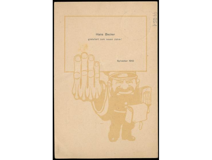 Marianen-Ganzsache 5 Pf.  mit rückseitigem  Bildzudruck  (Postboten-Karikatur) und Text "Hans Becker gratuliert zum neuen Jah
