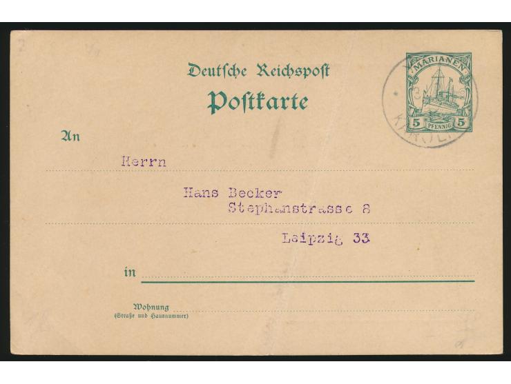 Marianen-Ganzsache 5 Pf.  mit rückseitigem  Bildzudruck  (Postboten-Karikatur) und Text "Hans Becker gratuliert zum neuen Jah