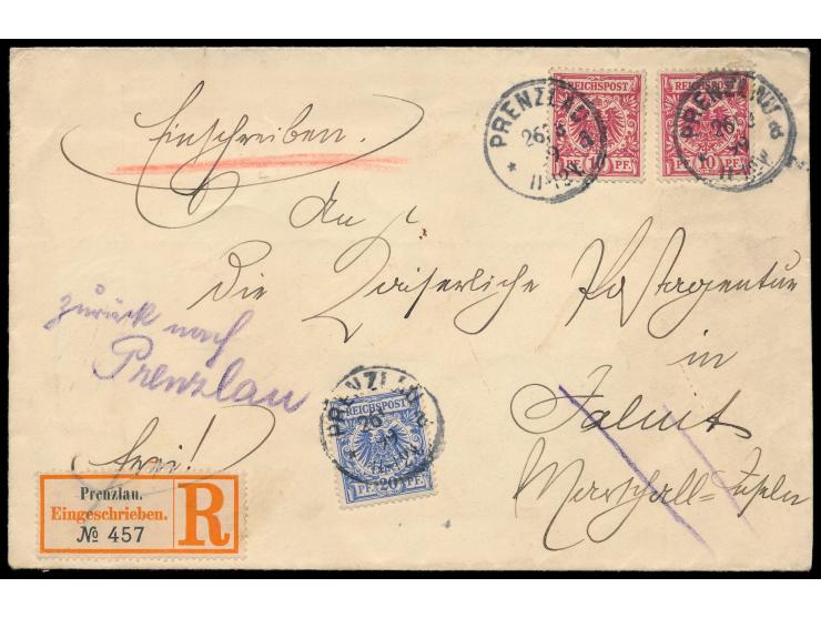 2 x 10 Pf. und 20 Pf. auf  Einschreibbrief  von  Prenzlau  26.3.99 an die Kaiserliche Postagentur Jaluit, rückseitig handschr