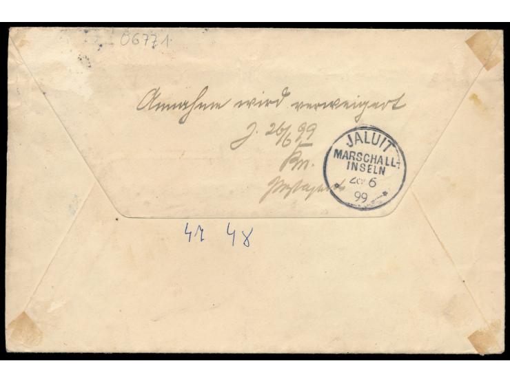 2 x 10 Pf. und 20 Pf. auf  Einschreibbrief  von  Prenzlau  26.3.99 an die Kaiserliche Postagentur Jaluit, rückseitig handschr