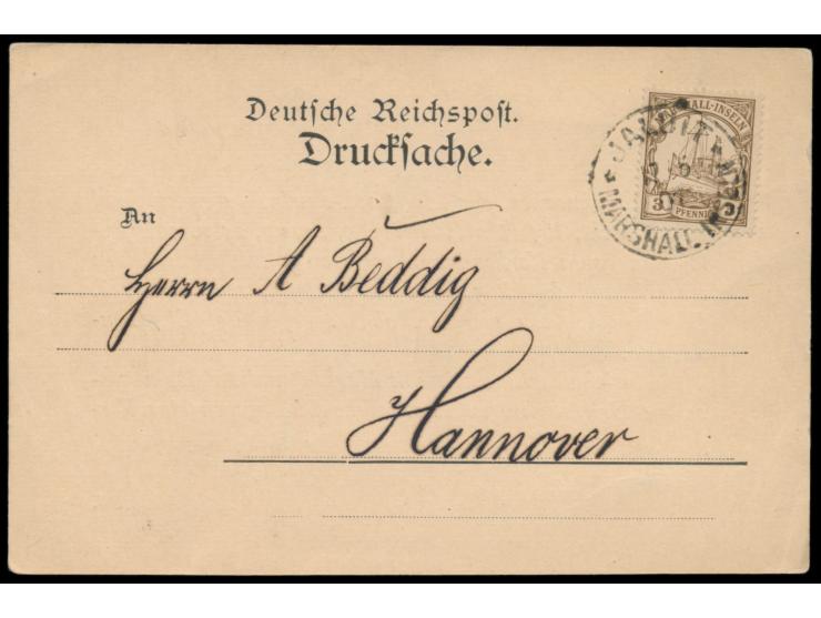 Einzelfrankatur 3 Pf. mit Stempel  Jaluit  17.5.01 auf Drucksachenkarte nach Hannover, rückseitig gedruckte Briefmarken-Offer