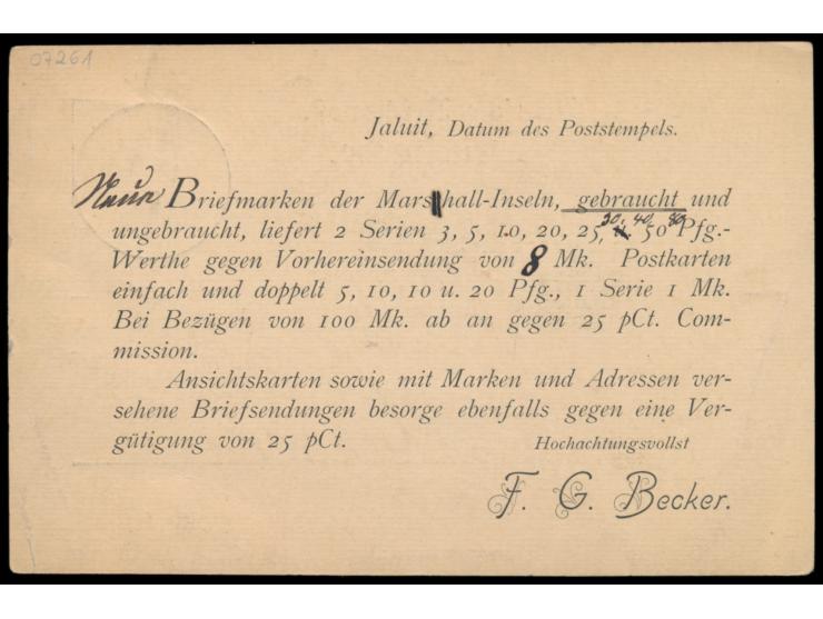 Einzelfrankatur 3 Pf. mit Stempel  Jaluit  17.5.01 auf Drucksachenkarte nach Hannover, rückseitig gedruckte Briefmarken-Offer