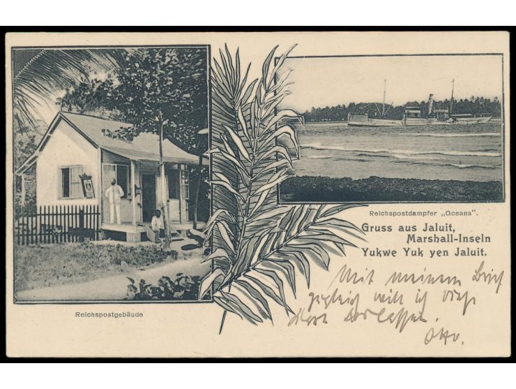 Zweibild-Ansichtskarte  Gruss aus Jaluit - Reichspostgebäude / Reichspostdampfer "Oceana",  Frankatur 2 x 3 Pf. und 5 Pf., St