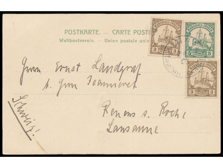 Zweibild-Ansichtskarte  Gruss aus Jaluit - Reichspostgebäude / Reichspostdampfer "Oceana",  Frankatur 2 x 3 Pf. und 5 Pf., St