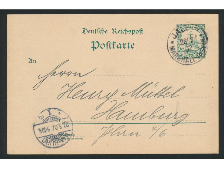 Ganzsache 5 Pf. mit Stempel  Jaluit  28.2.07 nach Hamburg, Ankunftstempel 22.5.07, Mitteilung über den Versand von 33 Einschr