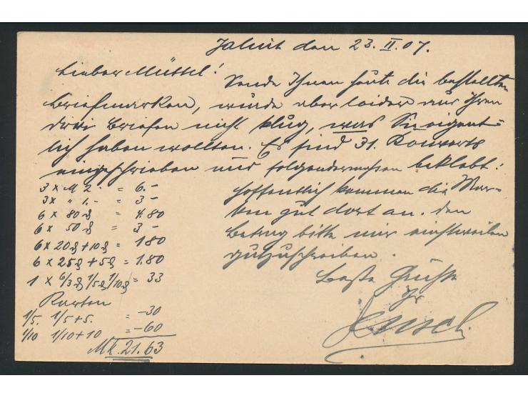 Ganzsache 5 Pf. mit Stempel  Jaluit  28.2.07 nach Hamburg, Ankunftstempel 22.5.07, Mitteilung über den Versand von 33 Einschr
