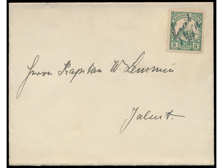 5 Pf. mit handschriftlicher Atollpost-Entwertung  "Ligieb d. 5.10.12"  auf Brief an Kapitän W. Lemmin in Jaluit, Ankunftstemp
