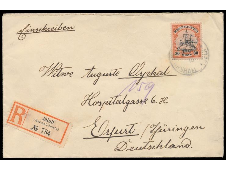 30 Pf. auf  Einschreibbrief  mit Stempel  Jaluit  22.9.13 nach Erfurt, R-Zettel Einfeldt Nr. 11, Ankunftstempel 18.11.13, Abs