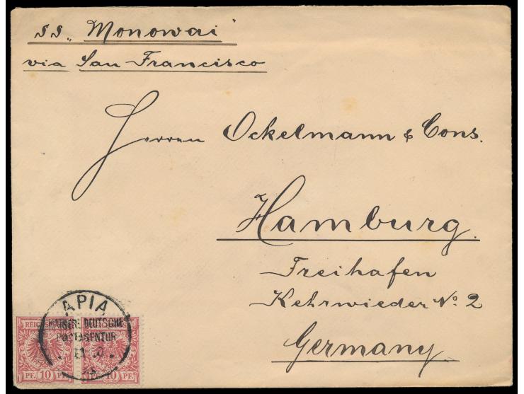 2 x  Vorläufer 10 Pf.  auf Brief mit Stempel  Apia KDPAg  11.10.93 nach Hamburg, Leitvermerk "S.S. Monowai via San Francisco"