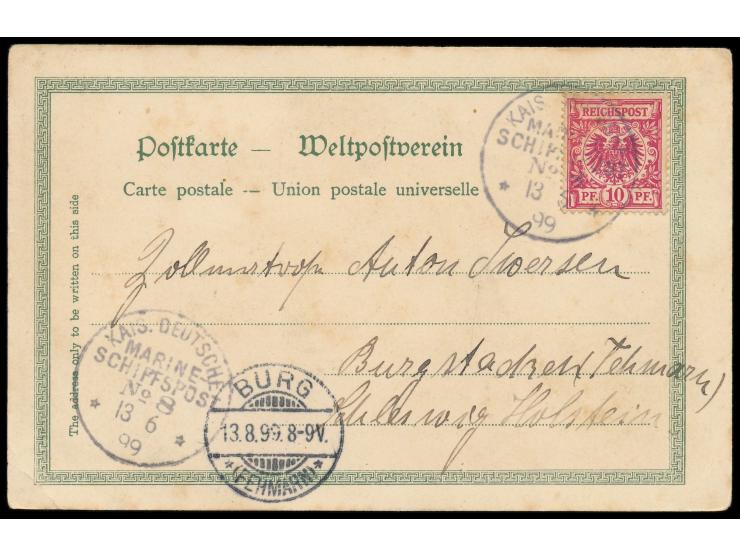 Stempel  MSP No. 8  13.6.99,  S.M.S. Cormoran,  zwei Abschläge auf Litho-Ansichtskarte "Talofa Samoa", Frankatur 10 Pf., Anku