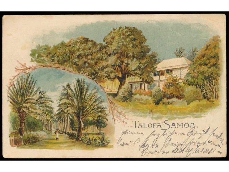 Stempel  MSP No. 8  13.6.99,  S.M.S. Cormoran,  zwei Abschläge auf Litho-Ansichtskarte "Talofa Samoa", Frankatur 10 Pf., Anku