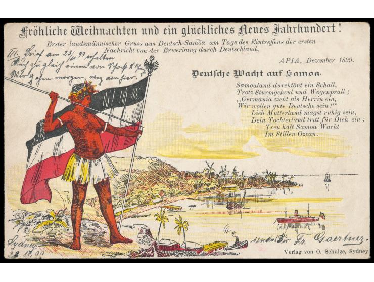 Litho-Ansichtskarte "Fröhliche Weihnachten und ein glückliches neues Jahrhundert" mit Gedichtvers "Deutsche Wacht auf Samoa",