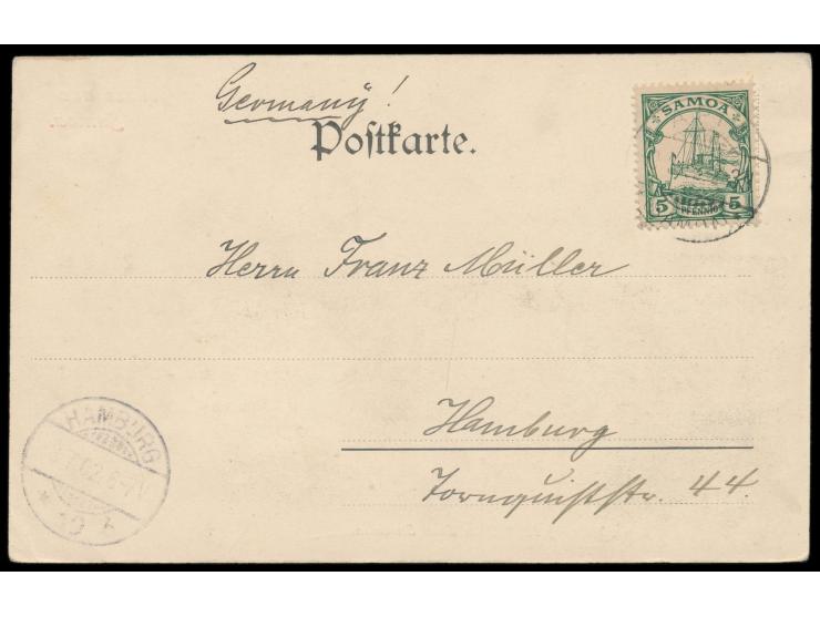 Ansichtskarte  Ehem. Wohnung des Dichters Louis Stevenson,  Frankatur 5 Pf., Stempel  Apia  9.6.02, nach Hamburg, Ankunftstem