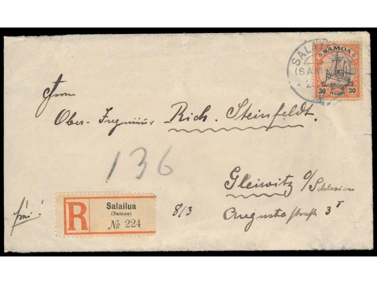 30 Pf. (schwacher Eckbug) auf  Einschreibbrief  mit Stempel  Salailua  23.3.07 nach Gleiwitz, R-Zettel Einfeldt Nr. 2, Bedarf