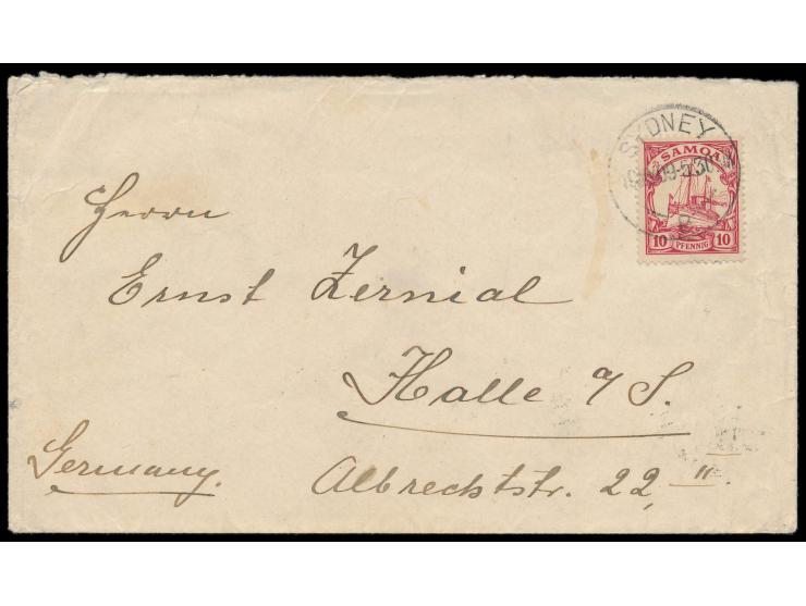 Brief mit 10 Pf. Samoa nach Halle, wegen Postschluss direkt an Bord eines Dampfers aufgegeben und erst in Sydney entwertet, S