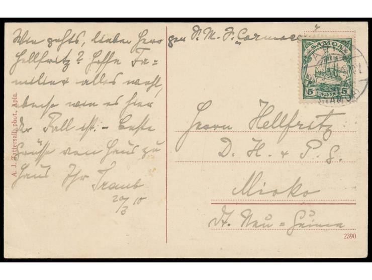 Ansichtskarte  Residenz Sr. Excellenz des Gouverneurs,  Frankatur 5 Pf., Stempel  Apia  20.3.10,  nach Mioko / Deutsch-Neu-Gu