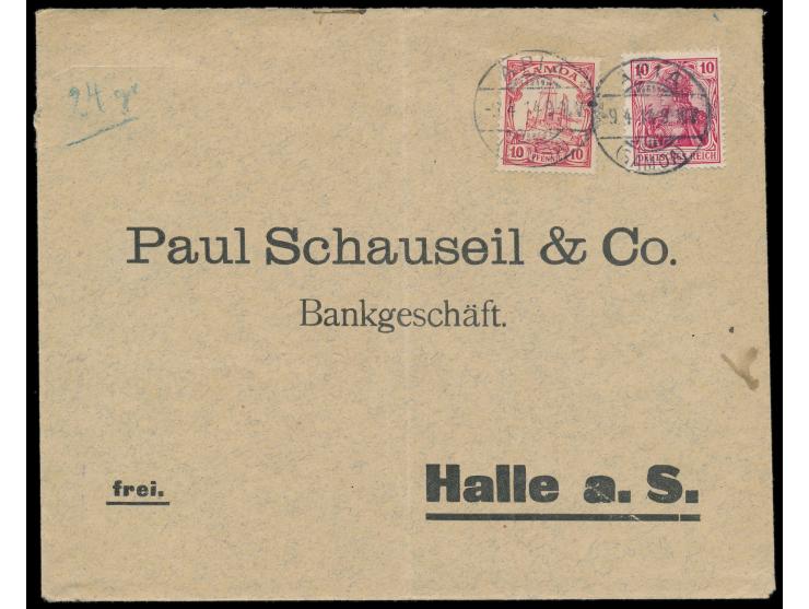 Mischfrankatur  Mitläufer  Dt. Reich 10 Pf. und Samoa 10 Pf. auf Brief 2. Gewicht (handschriftlich "24 gr") nach Halle (gefal