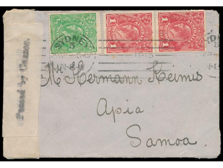 Australien 1/2 d. und 2 x 1 d. mit Stempel Sydney 29.4.15 nach Apia / Samoa, dort zweimal zensiert: Zensurverschluss "Opened 