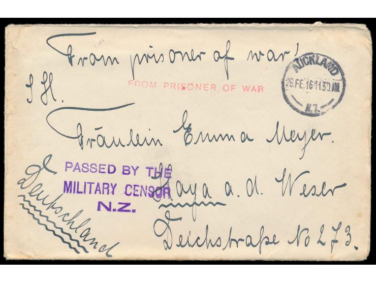 Brief aus dem neuseeländischen  Internierungslager Motuihi  nach Deutschland, roter L1 "From Prisoner of War" und violetter L