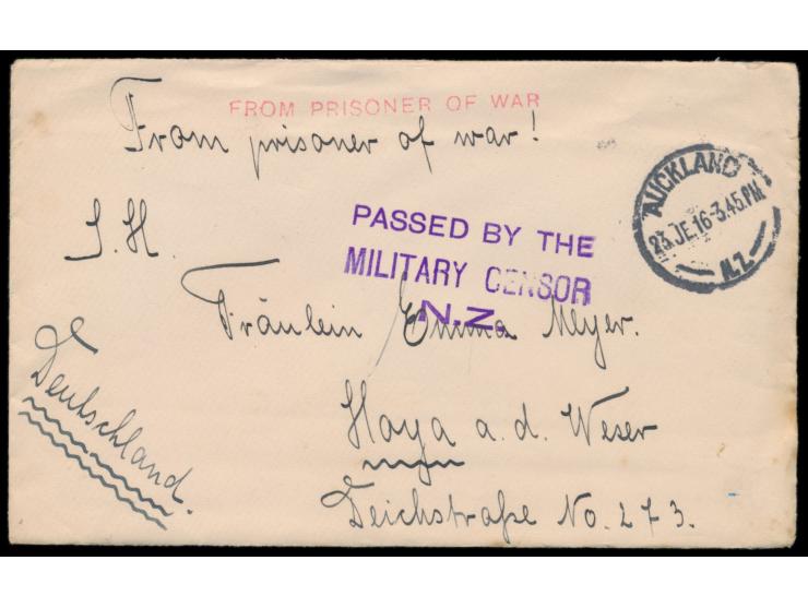 Brief aus dem neuseeländischen &nbsp;Kriegsgefangenenlager Motuihi &nbsp;nach Deutschland, Stempel &nbsp;Auckland &nbsp;23.6.