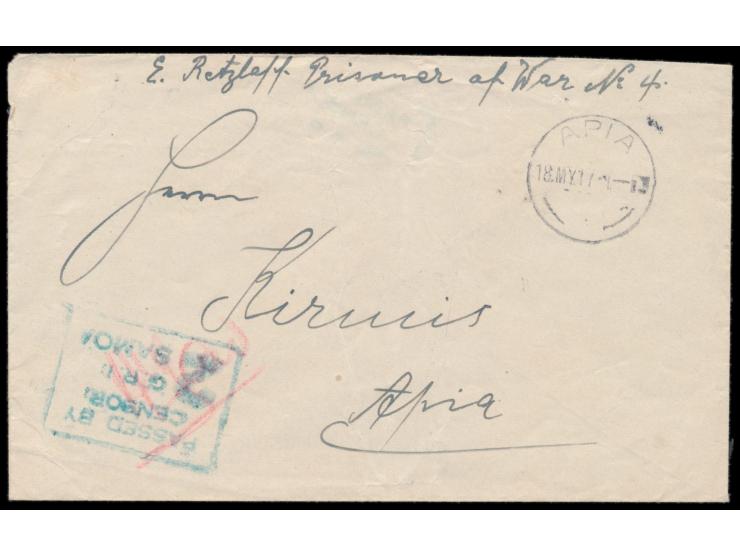 Ortsbrief  mit Stempel  Apia  18.5.17, portofrei befördert, vorderseitige Absenderangabe  "E. Retzlaff, Prisoner of War No. 4