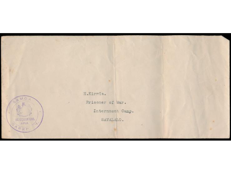 1918: Neuseeländischer Dienstbriefumschlag (Format 22,6 x 10,3 cm)  vorderseitig violettes Dienstsiegel "Samoa Garrison / Hea