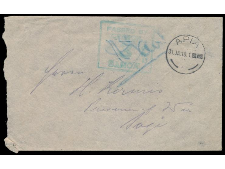 Brief mit Stempel  Apia  31.1.18  an "Prisoner of War" Hermann Kirmis in Sogi  (vermutlich  Internment Camp Savalalo) , vorde
