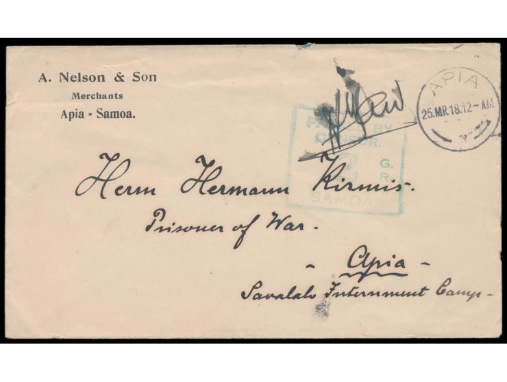 Brief mit Stempel  Apia  25.3.18 an Hermann Kirmis im  Savalalo Internment Camp,  vorder- und rückseitig grüner Zensurstempel