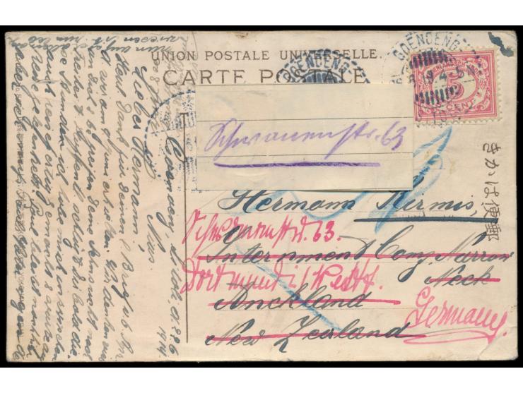 Niederländisch-Indien  5 C. auf Ansichtskarte mit Stempel Goendeng-Sitoli 28.6.19 an Hermann Kirmis aus Samoa im neuseeländis