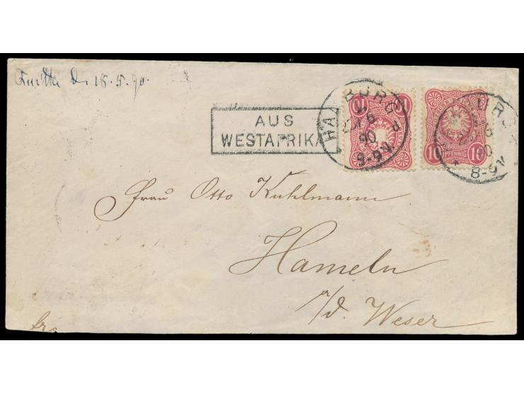 Brief mit handschriftlichem  Seepost-Aufgabevermerk "Quittah d. 18.5.90"  nach Hameln, Frankatur 2 x 10 Pf. mit Stempel  Hamb