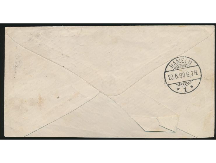 Brief mit handschriftlichem  Seepost-Aufgabevermerk "Quittah d. 18.5.90"  nach Hameln, Frankatur 2 x 10 Pf. mit Stempel  Hamb