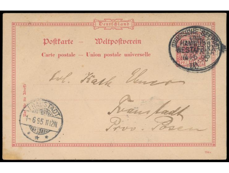 Stempel Deutsche Seepost  Linie Hamburg - Westafrika IX.  4.6.95 und 2 x 6.5.95,drei Abschläge übereinander (Korrekturabschlä