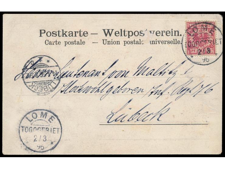 Vorläufer  10 Pf. mit Stempel  Lome  2.3.96 auf früher Ansichtskarte "Gruss aus Togo" nach Lübeck, geschrieben in  Jendi  am 