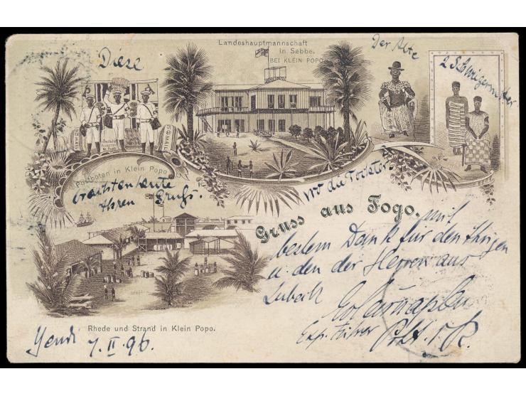 Vorläufer  10 Pf. mit Stempel  Lome  2.3.96 auf früher Ansichtskarte "Gruss aus Togo" nach Lübeck, geschrieben in  Jendi  am 