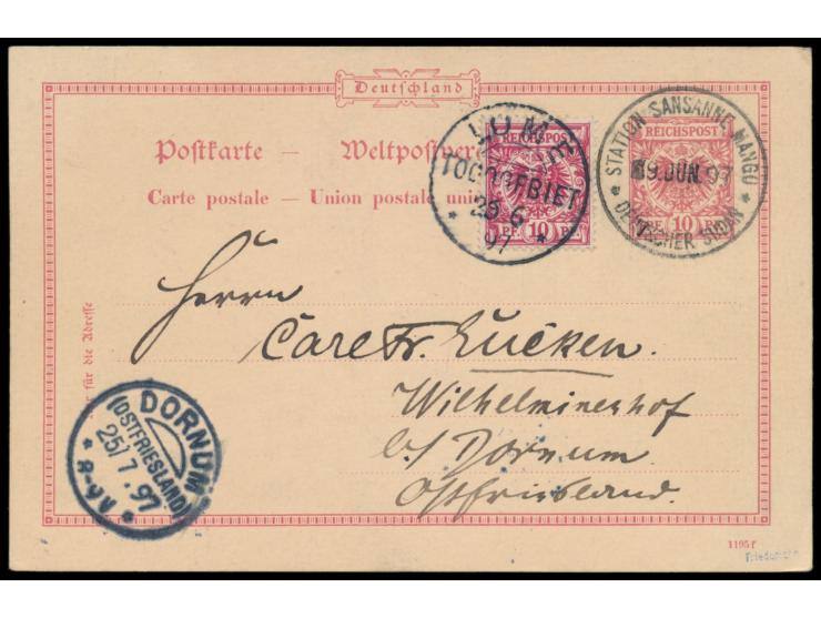 Stempel  Station Sansanne Mango / Deutscher Sudan  9.6.97 als Entwertung auf  Vorläufer-Ganzsache  10 Pf., Zusatzfrankatur Vo