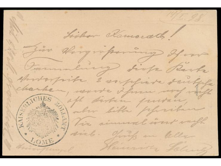 Mitläufer-Ganzsache 10 Pf. zufrankiert mit Aufdruckausgabe 10 Pf. (etwas fleckig), 2 x Stempel  Lome  14.1.98, nach Kastel am