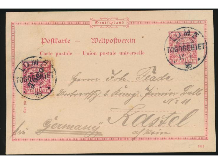 Mitläufer-Ganzsache 10 Pf. zufrankiert mit Aufdruckausgabe 10 Pf. (etwas fleckig), 2 x Stempel  Lome  14.1.98, nach Kastel am