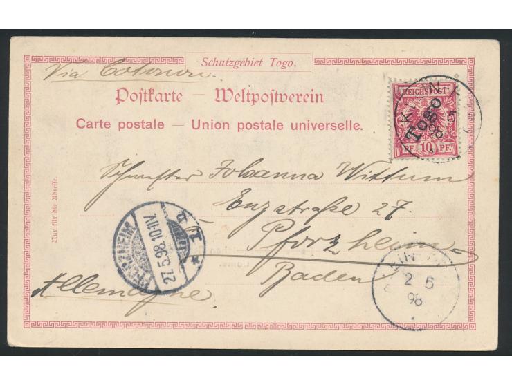 10 Pf. auf seltener Zweibild-Ansichtskarte  "König Mensah / Hof der Kaiserlichen Regierung Lome." , Verlag Knackstedt &amp; N