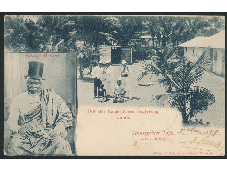 10 Pf. auf seltener Zweibild-Ansichtskarte  "König Mensah / Hof der Kaiserlichen Regierung Lome." , Verlag Knackstedt &amp; N