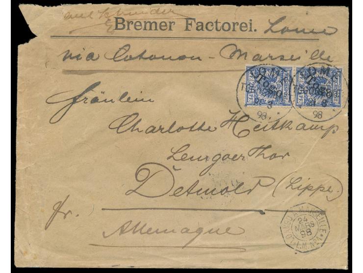 2 x 20 Pf. auf Umschlag der Bremer Factorei, frankiert für die 2. Gewichtsstufe, Stempel Lome 21.8.98, via Cotonou - Marseill