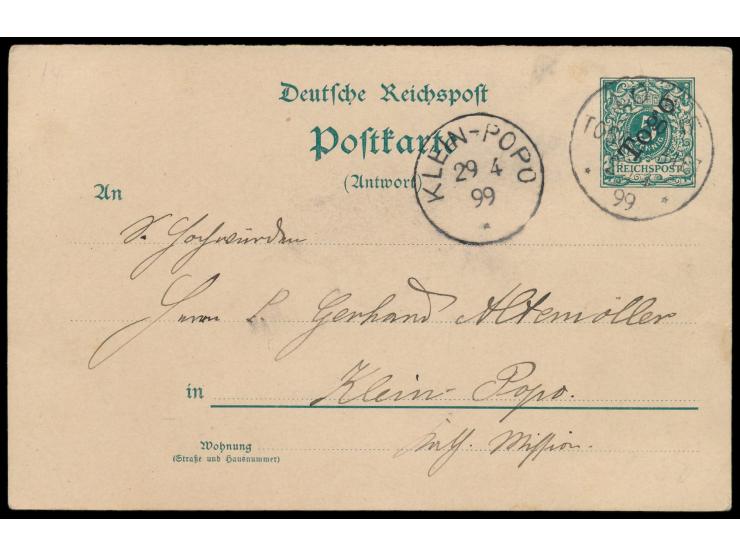 Ganzsachen-Antwortteil 5 Pf.  mit Stempel  Lome  28.4.99, geschrieben von einem Missionar (in Latein), an einen Missionar der