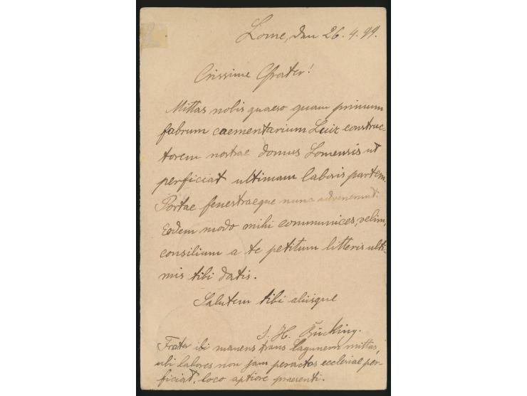 Ganzsachen-Antwortteil 5 Pf.  mit Stempel  Lome  28.4.99, geschrieben von einem Missionar (in Latein), an einen Missionar der