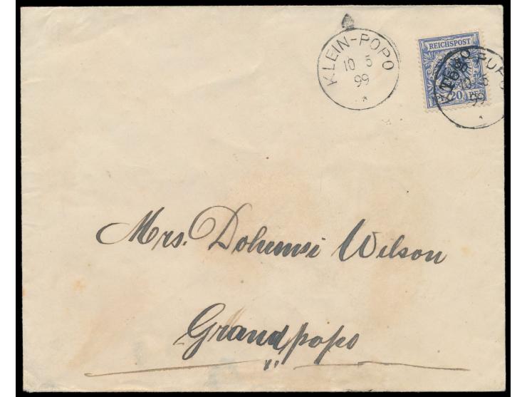 20 Pf. auf Brief mit Stempel  Klein-Popo  10.5.99 in die französische Nachbar-Kolonie  Dahomey,  Durchgangstempel Agoue und A