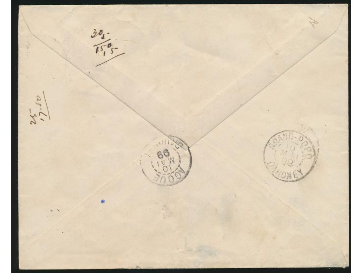 20 Pf. auf Brief mit Stempel  Klein-Popo  10.5.99 in die französische Nachbar-Kolonie  Dahomey,  Durchgangstempel Agoue und A