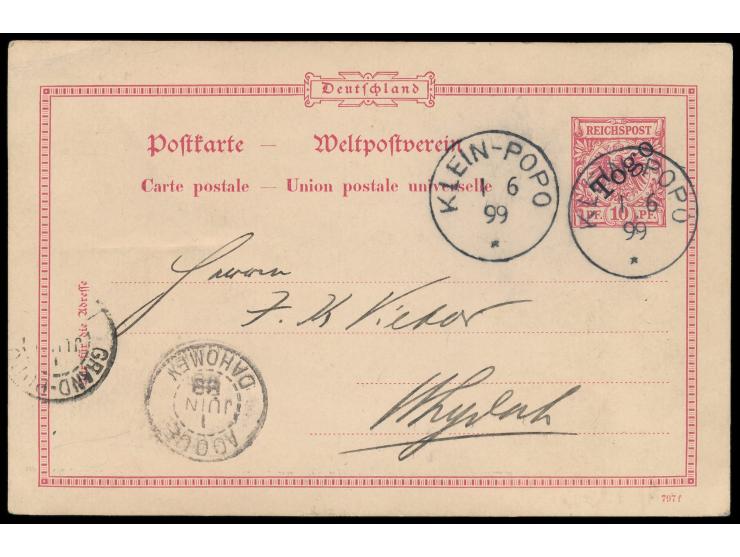 Ganzsache 10 Pf. (797 f) mit Stempel &nbsp;Klein-Popo &nbsp;1.6.99 an das Handelshaus Vietor in &nbsp;Ouidah / Dahomey, &nbsp