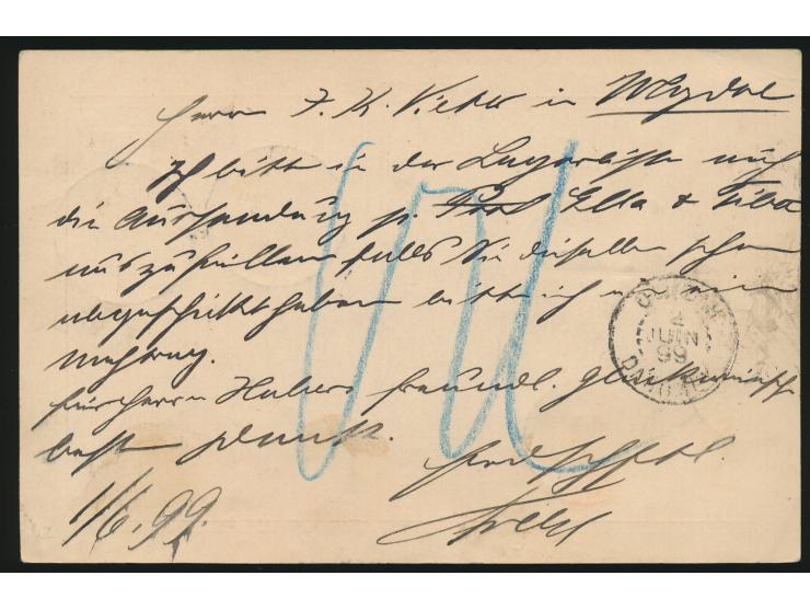 Ganzsache 10 Pf. (797 f) mit Stempel &nbsp;Klein-Popo &nbsp;1.6.99 an das Handelshaus Vietor in &nbsp;Ouidah / Dahomey, &nbsp