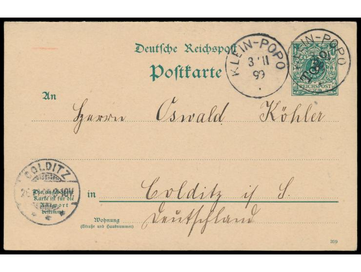 Ganzsachen-Doppelkarte 5 Pf. mit Druckdatum 399, Stempel  Klein-Popo  3.11.99, nach Colditz, Ankunftstempel 26.11.99, Antwort