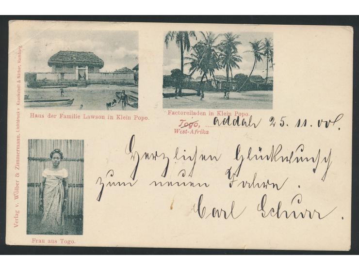 Dreibild-Ansichtskarte  Klein-Popo - Frau aus Togo / Haus der Familie Lawson / Factoreiladen,  Frankatur  Gold Coast 1 d.,  e