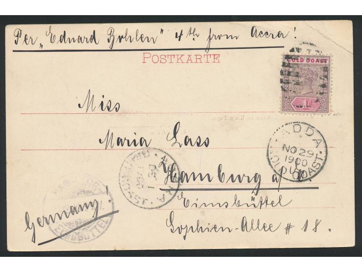 Dreibild-Ansichtskarte  Klein-Popo - Frau aus Togo / Haus der Familie Lawson / Factoreiladen,  Frankatur  Gold Coast 1 d.,  e