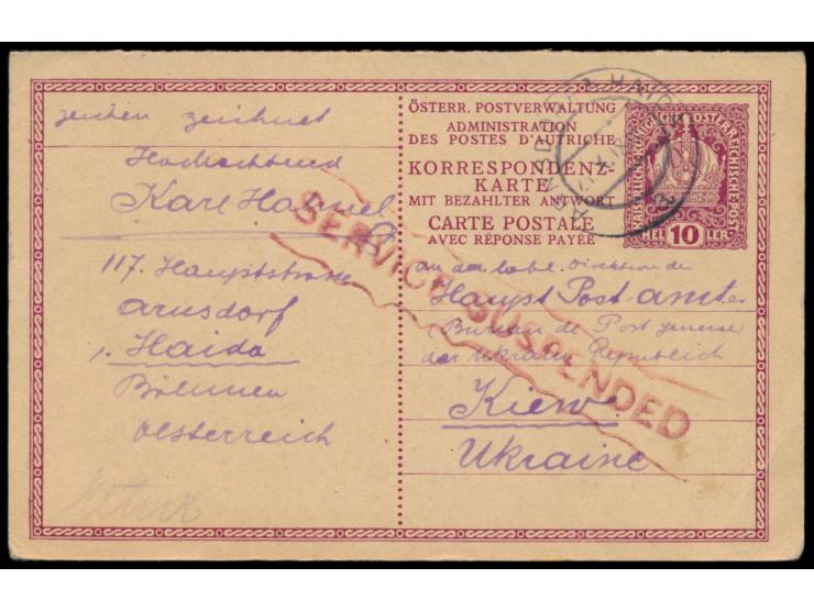Ganzsachen-Doppelkarte 10 H. mit Stempel  Arnsdorf bei Haida  21.10.18  nach Kiew,  roter R1  Service suspended,  Antwortteil